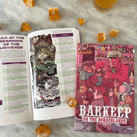Open book with illustrations, a small book titled 'Barkeep on the Borderlands', and dice on a marble surface.