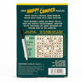 Back cover of 'Happy Camper' logic puzzles with pen and puzzle card illustration