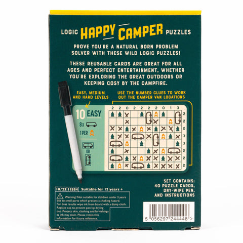 Back cover of 'Happy Camper' logic puzzles with pen and puzzle card illustration