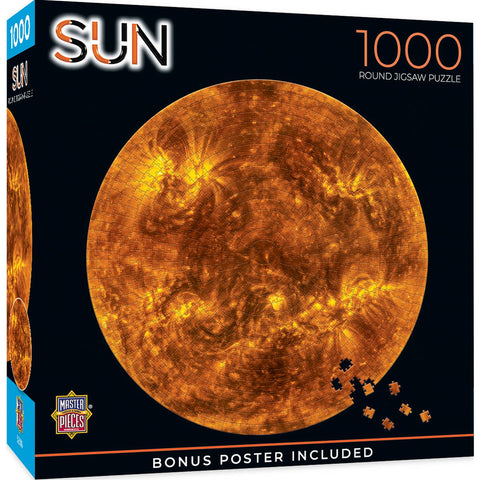 Sun-themed 1000-piece round jigsaw puzzle packaging with Master Pieces branding.