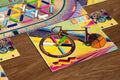 Colorful board game pieces on a wooden table