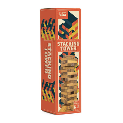 Box of a stacking tower game with colorful design on a white background