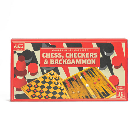 Board game box for Chess, Checkers & Backgammon with red and black design
