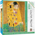 Jigsaw puzzle box featuring 'The Kiss' by Gustav Klimt with a bonus poster included.