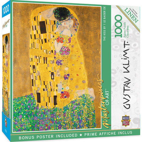 Jigsaw puzzle box featuring 'The Kiss' by Gustav Klimt with a bonus poster included.