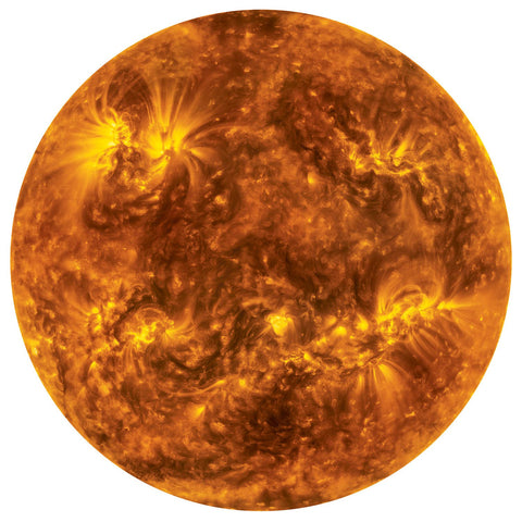 Detailed view of the Sun's surface with visible solar flares on a white background