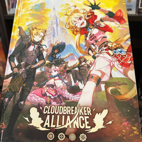 Board game box titled 'Cloudbreaker Alliance' with colorful artwork on a shelf.