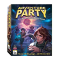 Adventure Party board game box shown at a slight angle against a solid green background. The box art features colorful fantasy characters and a large red d20 die, with the title 'ADVENTURE PARTY' in bold yellow letters.