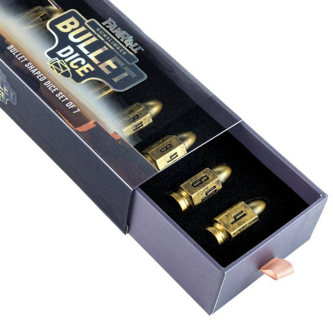 Gold Bullet Dice packaging with clear top lid on a white background
