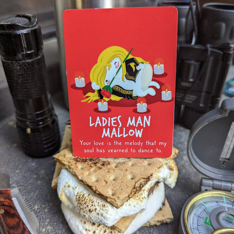 S'mores with a 'Ladies Man Mallow' card on top, surrounded by camping gear.
