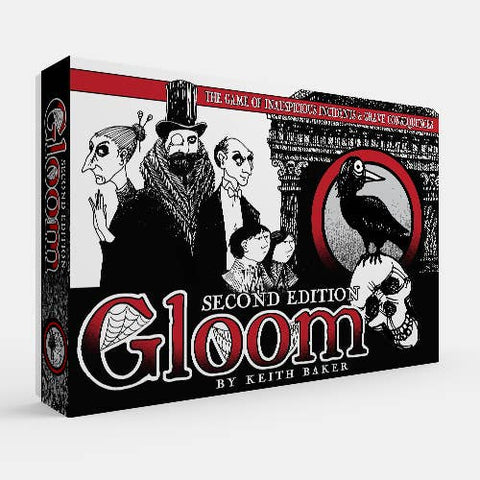 Gloom board game box with black, white, and red design on a white background