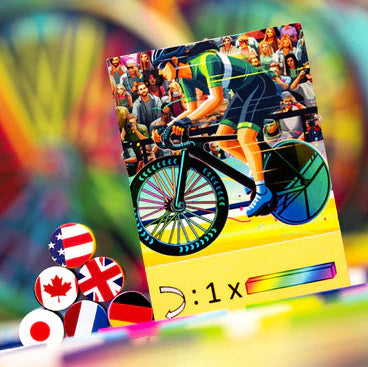 Card with a cyclist on a bicycle in a crowd, surrounded by colorful blurred elements and country flags.