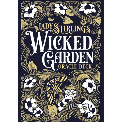 Cover of 'Lady Stirlings' Wicked Garden Oracle Deck' with decorative floral and skeleton butterfly design.