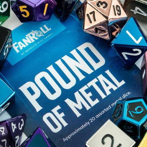 Collection of multicolored polyhedral dice with a 'Pound of Metal' box in the center.