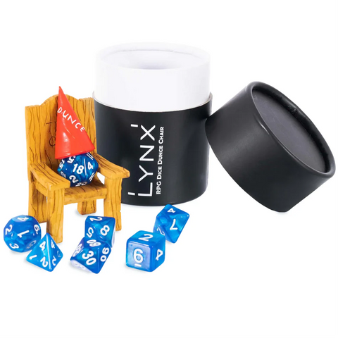 Blue dice with white numbers on a chair next to a black container labeled 'LYNX'.
