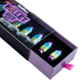 Box of Bullet Dice with colorful dice inside on a white background
