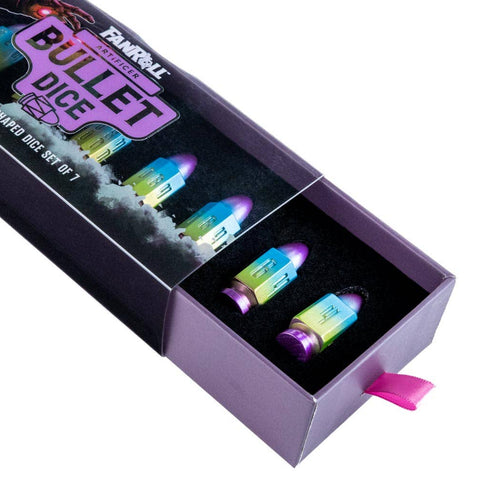 Box of Bullet Dice with colorful dice inside on a white background