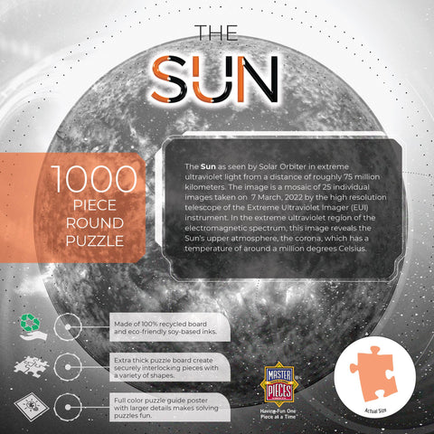 Puzzle packaging featuring the Sun with text and branding
