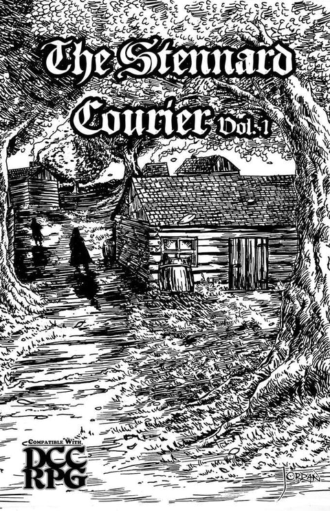 Cover of 'The Stenward Courier Vol. 1' with a black and white illustration of a cabin and path.