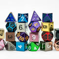 Assorted metal dice set on a white background
