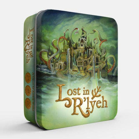 Tin box for 'Lost in R'lyeh' with fantasy design on a white background