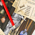 Collage of vintage items including a red pencil, maps, and historical artifacts.
