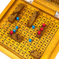 Wooden game board with pegs and a grid pattern