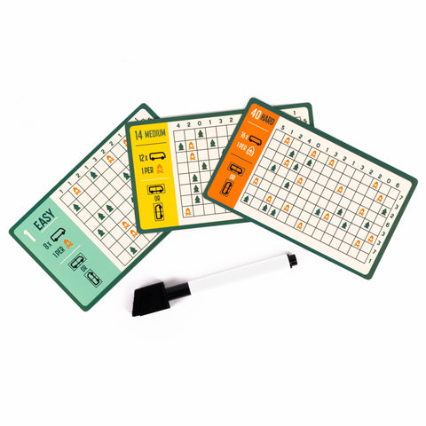 Three grid-based boards with different colored borders and symbols, accompanied by a marker on a white background.