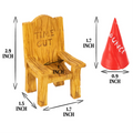 Wooden chair with dimensions labeled next to a red traffic cone