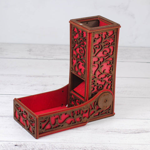 Decorative umbrella stand with red interior on a white wooden surface