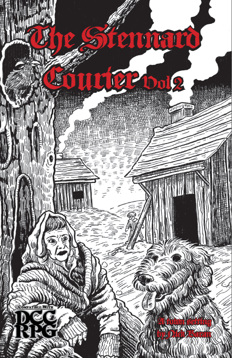 Cover of 'The Stennard Courier Vol 2' with a black and white illustration of a woman and dog in front of a cabin.