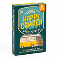 Happy Camper logic puzzles packaging with a vintage van illustration on a teal background
