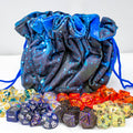 Blue drawstring bag with assorted dice on a white background