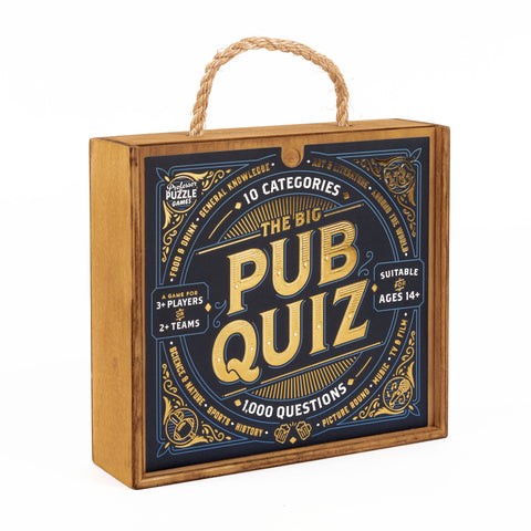 Board game box for 'The Big Pub Quiz' with wooden casing and rope handle.