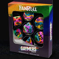 Packaged dice set with rainbow design and 'Fanroll' branding on a dark background