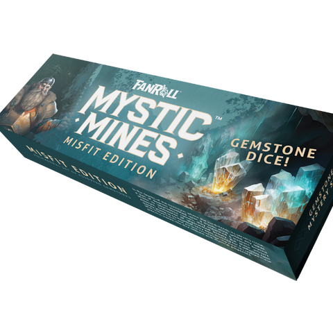 Box of 'Mystic Mines' gemstone dice game with fantasy graphics on a white background