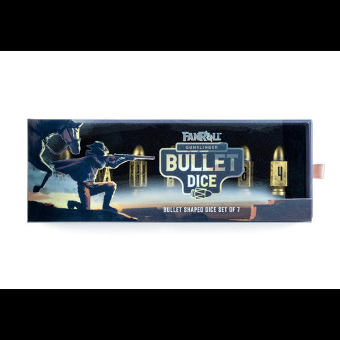 Box of bullet-shaped dice set with a gunfighter design on a white background