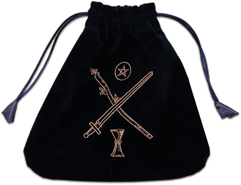 Black drawstring pouch with embroidered designs on a white background