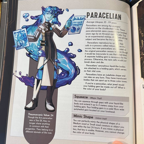 Illustration of a character named Paracelian from a book or comic, with detailed design and text.