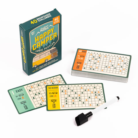 Happy Camper logic puzzle game with packaging and pieces on a white background