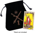 Black drawstring bag with tarot card design next to a tarot card featuring 'The Rider Tarot Deck' on a white background.