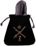 Black drawstring pouch with gold emblem on a white background