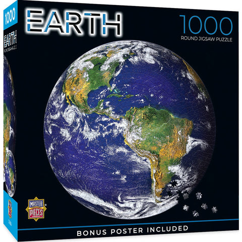 Jigsaw puzzle box featuring a round Earth illustration with 'Master Pieces' branding.