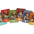 Set of character cards with illustrated figures and labels on a black background