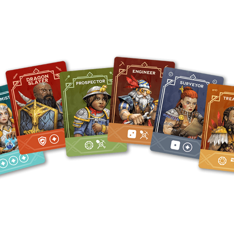 Set of character cards with illustrated figures and labels on a black background