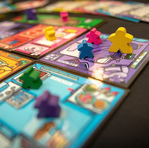 Board game with colorful pieces on a table