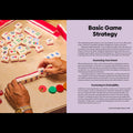Hands playing a game with colorful tiles and dice, next to text on basic game strategy.