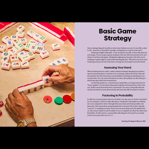 Hands playing a game with colorful tiles and dice, next to text on basic game strategy.