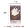 Jumbo tarot card with dimensions and text on a white background