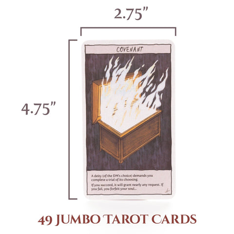 Jumbo tarot card with dimensions and text on a white background